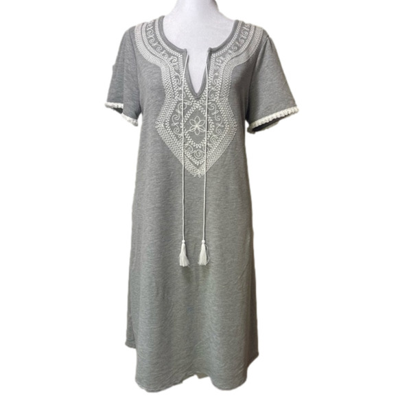 Spense Embroidered Dress Short Sleeve Heather Gray Boho Pullover A-Line Coverup - Picture 1 of 12